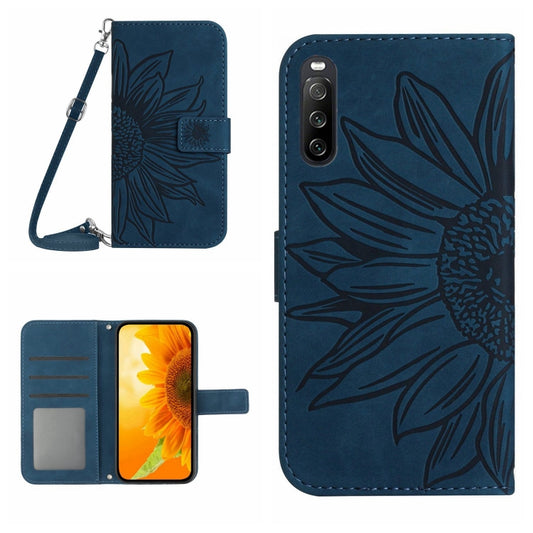 For Sony Xperia 10 V HT04 Skin Feel Sun Flower Embossed Flip Leather Phone Case with Lanyard(Inky Blue) - Sony Cases by buy2fix | Online Shopping UK | buy2fix