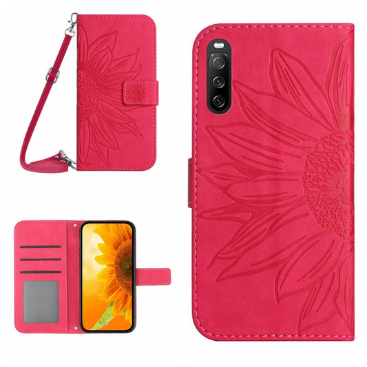 For Sony Xperia 10 V HT04 Skin Feel Sun Flower Embossed Flip Leather Phone Case with Lanyard(Rose Red) - Sony Cases by buy2fix | Online Shopping UK | buy2fix