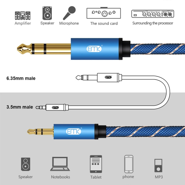 EMK 3.5mm Jack Male to 6.35mm Jack Male Gold Plated Connector Nylon Braid AUX Cable for Computer / X-BOX / PS3 / CD / DVD, Cable Length:3m(Dark Blue) - Audio Optical Cables by EMK | Online Shopping UK | buy2fix