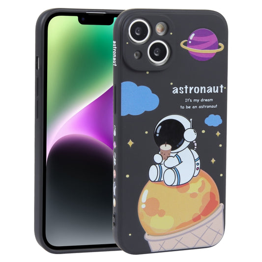 For iPhone 14 Plus Milk Tea Astronaut Pattern Liquid Silicone Phone Case(Ivory Black) - iPhone 14 Plus Cases by buy2fix | Online Shopping UK | buy2fix