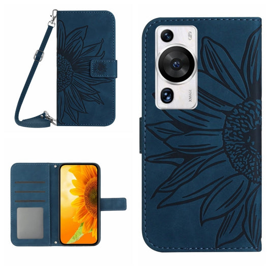 For Huawei P60 Pro Skin Feel Sun Flower Embossed Flip Leather Phone Case with Lanyard(Inky Blue) - Huawei Cases by buy2fix | Online Shopping UK | buy2fix