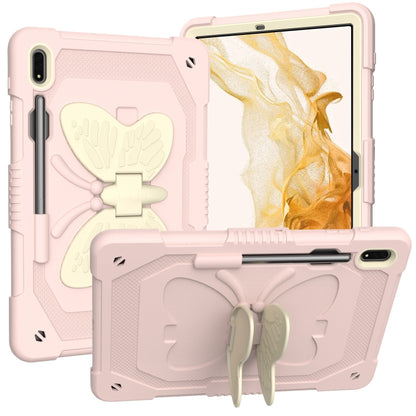 For Samsung Galaxy Tab S8+ / S7+ Butterfly Kickstand Heavy Duty Hard Rugged Tablet Case(Beige+Rose Pink) - Galaxy Tab S8+ Cases by buy2fix | Online Shopping UK | buy2fix