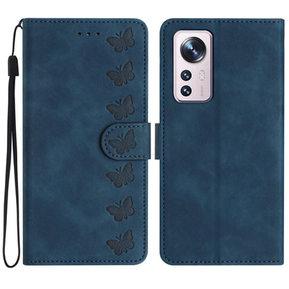 For Xiaomi 12 Pro Seven Butterflies Embossed Leather Phone Case(Blue) - 12 Pro Cases by buy2fix | Online Shopping UK | buy2fix