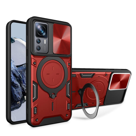 For Xiaomi 12T / 12T Pro CD Texture Sliding Camshield Magnetic Holder Phone Case(Red) - Xiaomi Cases by buy2fix | Online Shopping UK | buy2fix