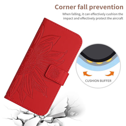 For iPhone 15 Skin Feel Sun Flower Embossed Flip Leather Phone Case with Lanyard(Red) - iPhone 15 Cases by buy2fix | Online Shopping UK | buy2fix