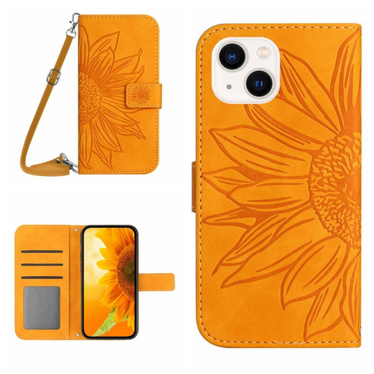 For iPhone 15 Skin Feel Sun Flower Embossed Flip Leather Phone Case with Lanyard(Yellow) - iPhone 15 Cases by buy2fix | Online Shopping UK | buy2fix
