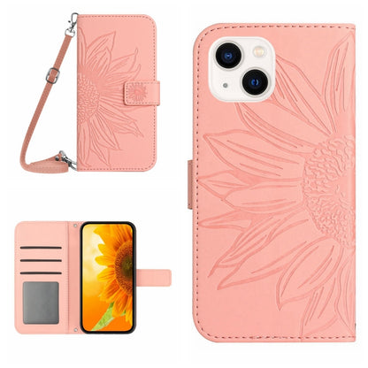 For iPhone 15 Plus Skin Feel Sun Flower Embossed Flip Leather Phone Case with Lanyard(Pink) - iPhone 15 Plus Cases by buy2fix | Online Shopping UK | buy2fix