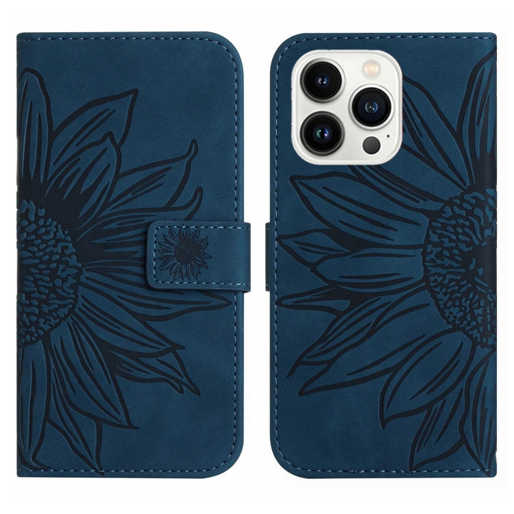 For iPhone 15 Pro Max Skin Feel Sun Flower Embossed Flip Leather Phone Case with Lanyard(Inky Blue) - iPhone 15 Pro Max Cases by buy2fix | Online Shopping UK | buy2fix