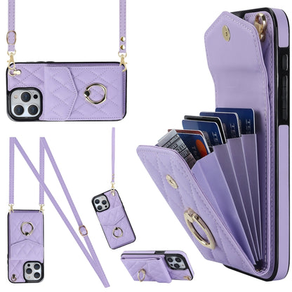 For iPhone 15 Pro Max Rhombic Texture Card Bag Phone Case with Long Lanyard(Light Purple) - iPhone 15 Pro Max Cases by buy2fix | Online Shopping UK | buy2fix