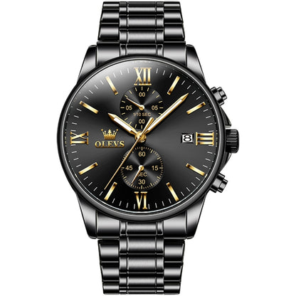 OLEVS 2886 Men Sports Chronograph Waterproof Luminous Quartz Watch(Black Gold Steel Strip) - Metal Strap Watches by OLEVS | Online Shopping UK | buy2fix