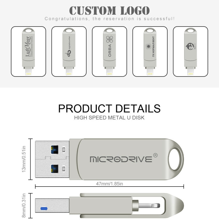 MicroDrive 2 In 1  8 Pin + USB 2.0 Portable Metal USB Flash Disk, Capacity:16GB(Silver) - USB Flash Drives by MICRODRIVE | Online Shopping UK | buy2fix