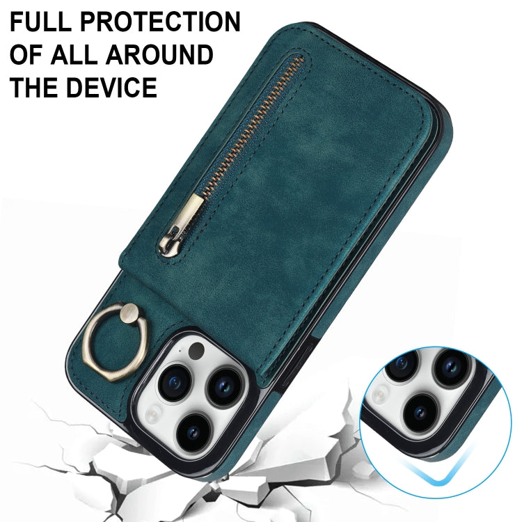 For iPhone 15 Pro Max Retro Ring and Zipper RFID Card Slot Phone Case(Blue) - iPhone 15 Pro Max Cases by buy2fix | Online Shopping UK | buy2fix