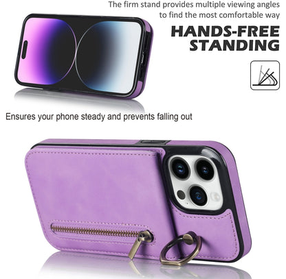 For iPhone 15 Pro Max Retro Ring and Zipper RFID Card Slot Phone Case(Purple) - iPhone 15 Pro Max Cases by buy2fix | Online Shopping UK | buy2fix