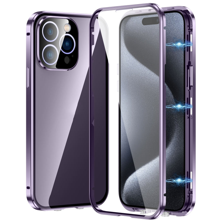 For iPhone 15 Pro Max Magnetic Double-buckle HD Tempered Glass Phone Case(Purple) - iPhone 15 Pro Max Cases by buy2fix | Online Shopping UK | buy2fix