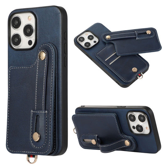 For iPhone 15 Pro Max 03 RFID Card Bag Cowhide Texture PU Phone Case(Blue) - iPhone 15 Pro Max Cases by buy2fix | Online Shopping UK | buy2fix