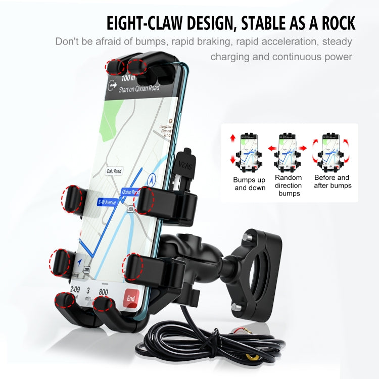 WUPP CS-1098A1 Motorcycle Aluminum Alloy Eight-jaw Mobile Phone Charging Holder with Switch(Black) - Holder by WUPP | Online Shopping UK | buy2fix