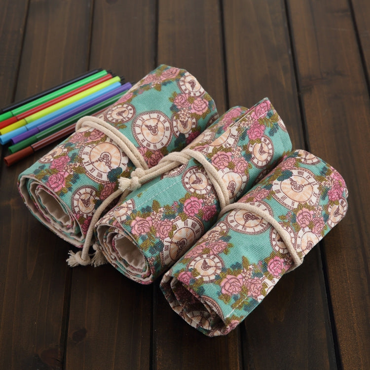 36 Slots Rose Clock Print Pen Bag Canvas Pencil Wrap Curtain Roll Up Pencil Case Stationery Pouch - Home & Garden by buy2fix | Online Shopping UK | buy2fix