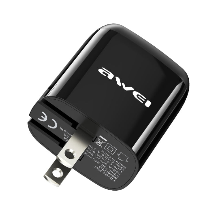 awei PD3 20W PD Type-C + QC 3.0 USB Interface Fast Charging Travel Charger with Data Cable, US Plug - Apple Accessories by awei | Online Shopping UK | buy2fix