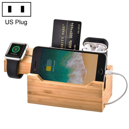 Multi-function Bamboo Charging Station Charger Stand Management Base with 3 USB Ports, For Apple Watch, AirPods, iPhone, US Plug - Others by buy2fix | Online Shopping UK | buy2fix