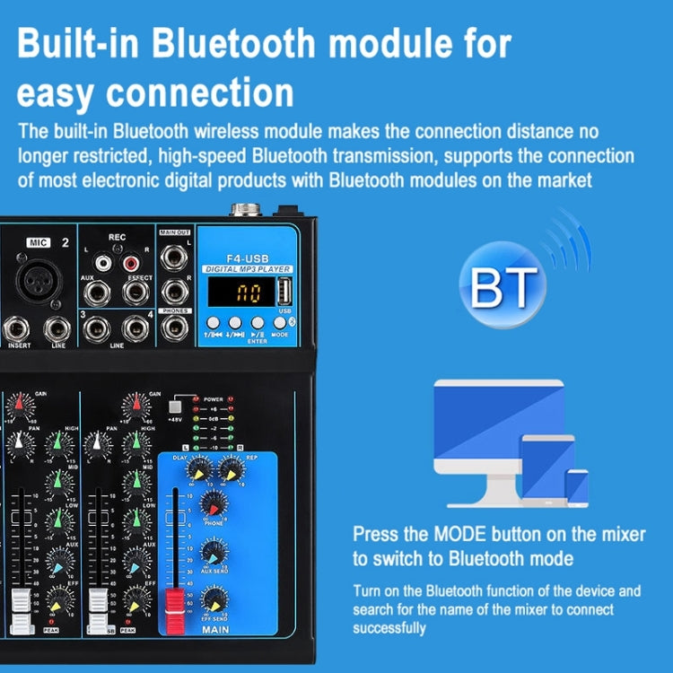 F4 Home 4-channel Bluetooth USB Reverb Mixer, EU Plug (Black) - Consumer Electronics by buy2fix | Online Shopping UK | buy2fix