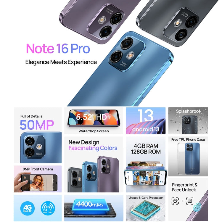 [HK Warehouse] Ulefone Note 16 Pro, 4GB+128GB, Dual Back Cameras, Face ID & Side Fingerprint Identification, 4400mAh Battery, 6.52 inch Android 13 Unisoc T606 Octa Core up to 1.6GHz, Network: 4G, Dual SIM, OTG (Purple) - Ulefone by Ulefone | Online Shopping UK | buy2fix