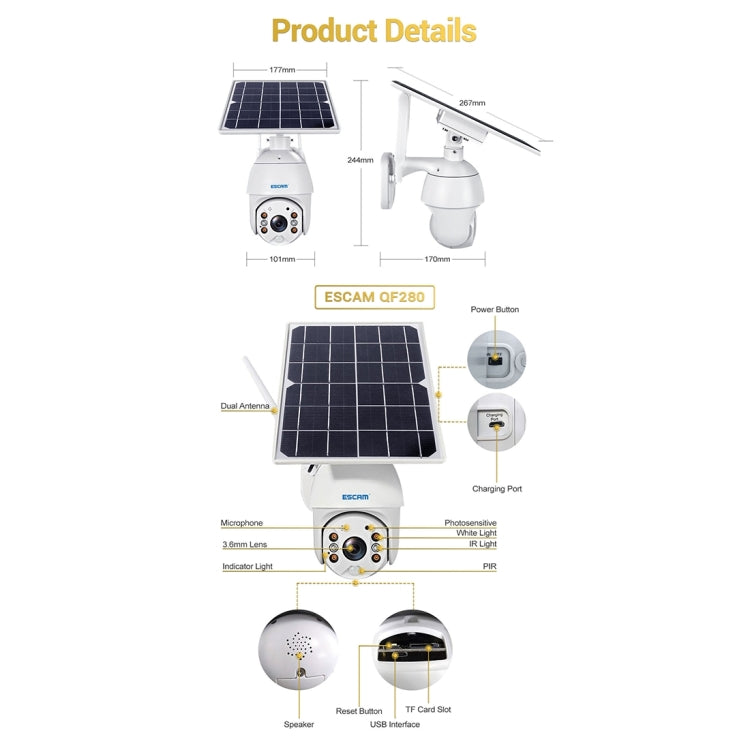 ESCAM QF280 HD 1080P IP66 Waterproof WiFi Solar Panel PT IP Camera with Battery, Support Night Vision / Motion Detection / TF Card / Two Way Audio (White) - Dome Camera by ESCAM | Online Shopping UK | buy2fix