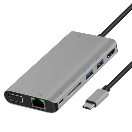 Onten 9591BD 8 in 1 USB-C / Type-C to PD USB-C / Type-C Charging + Gigabit Ethernet + Dual USB 3.0 + HDMI + VGA + SD Card Slot + 3.5mm AUX HUB(Grey) - Computer & Networking by Onten | Online Shopping UK | buy2fix