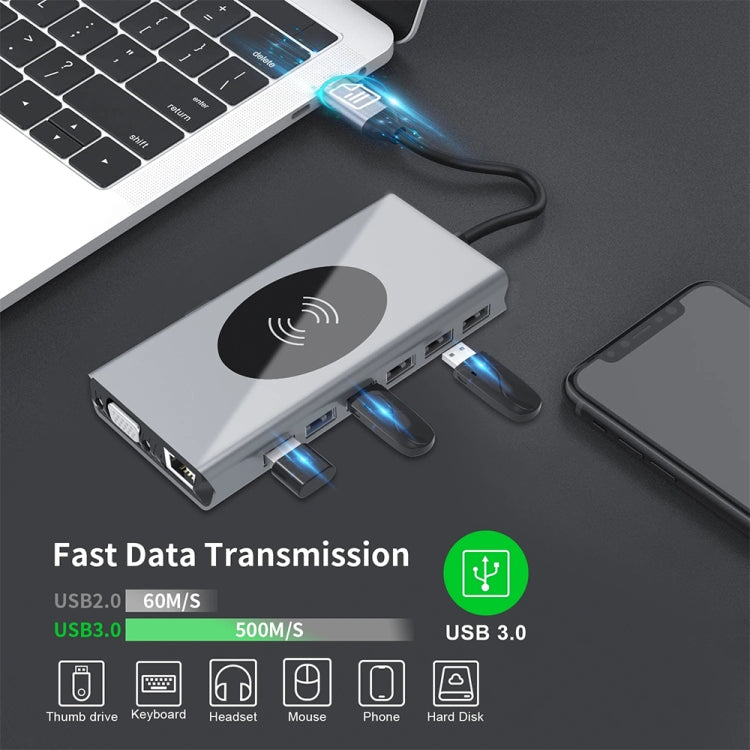 1093 13 in 1 USB HUB Type-C Docking Station with Wireless Charger Function - USB HUB by buy2fix | Online Shopping UK | buy2fix
