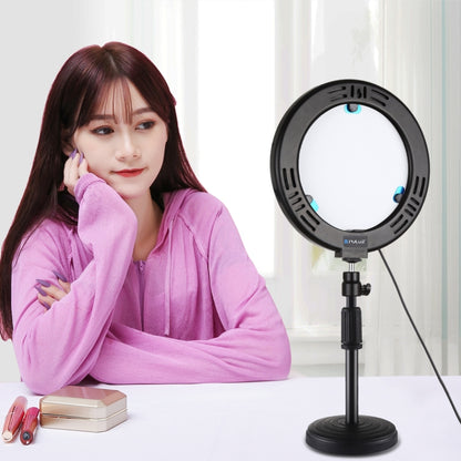 PULUZ 7.9 inch 20cm Mirror Light + Round Base Desktop Mount 3 Modes Dimmable Dual Color Temperature LED Curved Light Ring Vlogging Selfie Photography Video Lights with Phone Clamp(Black) - Ring Light by PULUZ | Online Shopping UK | buy2fix