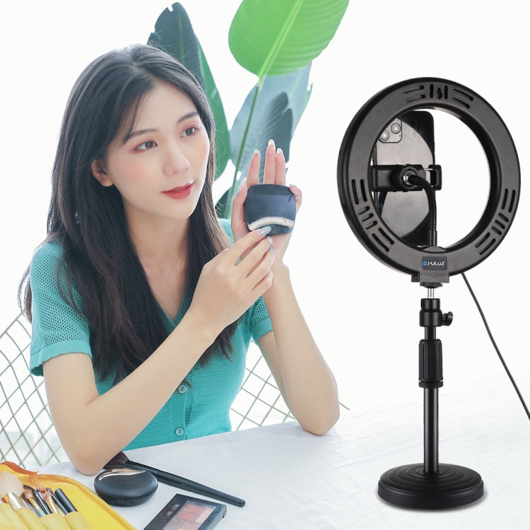 PULUZ 7.9 inch 20cm Mirror Light + Round Base Desktop Mount 3 Modes Dimmable Dual Color Temperature LED Curved Light Ring Vlogging Selfie Photography Video Lights with Phone Clamp(Black) - Ring Light by PULUZ | Online Shopping UK | buy2fix