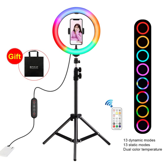 PULUZ 10.2 inch 26cm Marquee LED RGBWW Selfie Beauty Light  + 1.1m Tripod Mount 168 LED Dual-color Temperature Dimmable Ring Vlogging Photography Video Lights with Cold Shoe Tripod Ball Head & Remote Control & Phone Clamp(Black) - Ring Light by PULUZ | Online Shopping UK | buy2fix