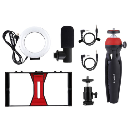 PULUZ 4 in 1 Vlogging Live Broadcast Smartphone Video Rig + 4.7 inch 12cm RGBW Ring LED Selfie Light + Microphone + Pocket Tripod Mount Kits with Cold Shoe Tripod Head(Red) - Camera Accessories by PULUZ | Online Shopping UK | buy2fix