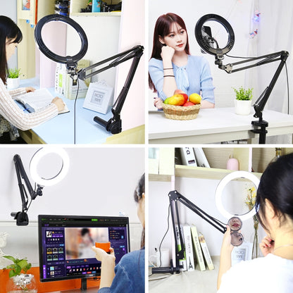 PULUZ 7.9 inch 20cm Ring Curved Light + Desktop Arm Stand USB 3 Modes Dimmable Dual Color Temperature LED Vlogging Selfie Photography Video Lights with Phone Clamp(Black) - Ring Light by PULUZ | Online Shopping UK | buy2fix