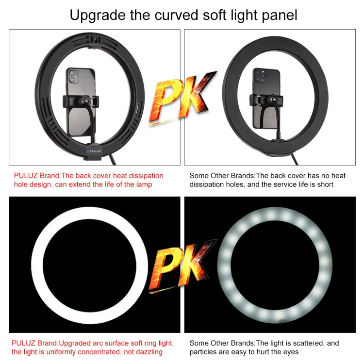 PULUZ 10.2 inch 26cm USB RGBW Dimmable LED Ring Vlogging Photography Video Lights with Tripod Ball Head & Remote Control & Phone Clamp(Black) - Ring Light by PULUZ | Online Shopping UK | buy2fix