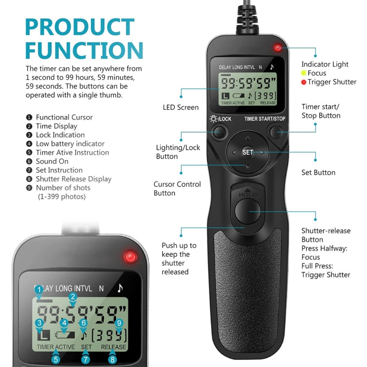 Aputure AP-TR3N LCD Timer Remote Cord for Nikon D5100，D3100, D7000, D5000, D90 - Shutter Release Cord by Aputure | Online Shopping UK | buy2fix