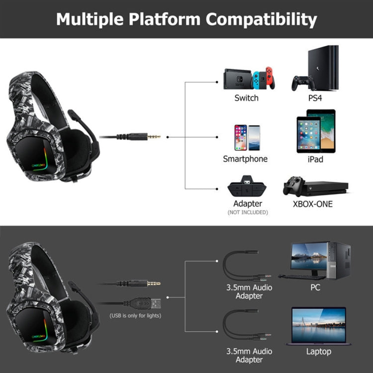 ONIKUMA K20 PS4 Surround Sound Bass PC Gamer Headphone with Microphone, RGB Light(Black Gray) - Multimedia Headset by ONIKUMA | Online Shopping UK | buy2fix