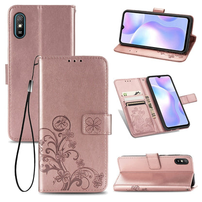 For Xiaomi Redmi 9A Four-leaf Clasp Embossed Buckle Horizontal Flip TPU + PU Leather Case with Lanyard & Card Slot & Wallet & Holder(Rose Gold) - Xiaomi Cases by buy2fix | Online Shopping UK | buy2fix