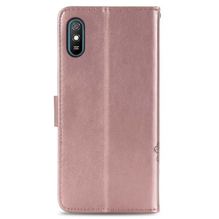 For Xiaomi Redmi 9A Four-leaf Clasp Embossed Buckle Horizontal Flip TPU + PU Leather Case with Lanyard & Card Slot & Wallet & Holder(Rose Gold) - Xiaomi Cases by buy2fix | Online Shopping UK | buy2fix