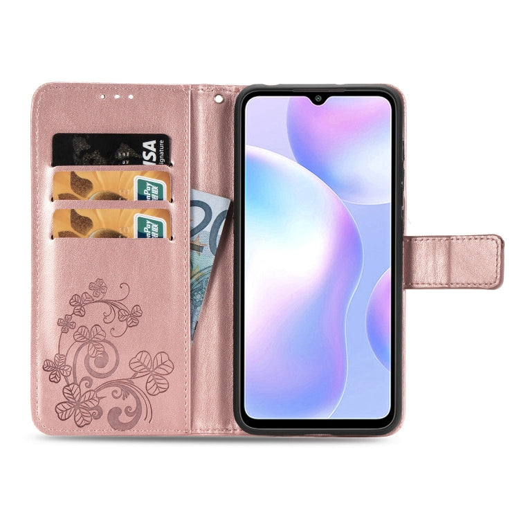 For Xiaomi Redmi 9A Four-leaf Clasp Embossed Buckle Horizontal Flip TPU + PU Leather Case with Lanyard & Card Slot & Wallet & Holder(Rose Gold) - Xiaomi Cases by buy2fix | Online Shopping UK | buy2fix