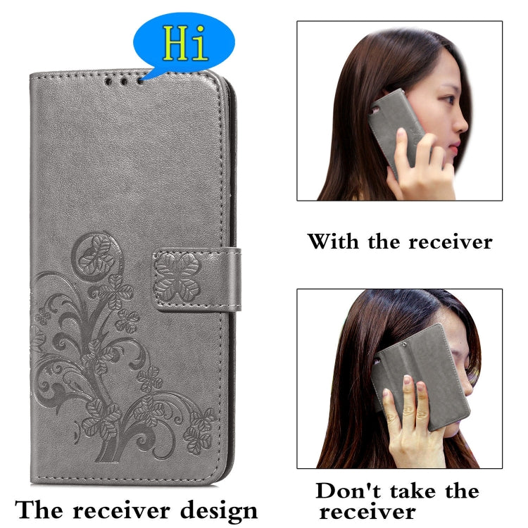 For Xiaomi Redmi 9A Four-leaf Clasp Embossed Buckle Horizontal Flip TPU + PU Leather Case with Lanyard & Card Slot & Wallet & Holder(Gray) - Xiaomi Cases by buy2fix | Online Shopping UK | buy2fix