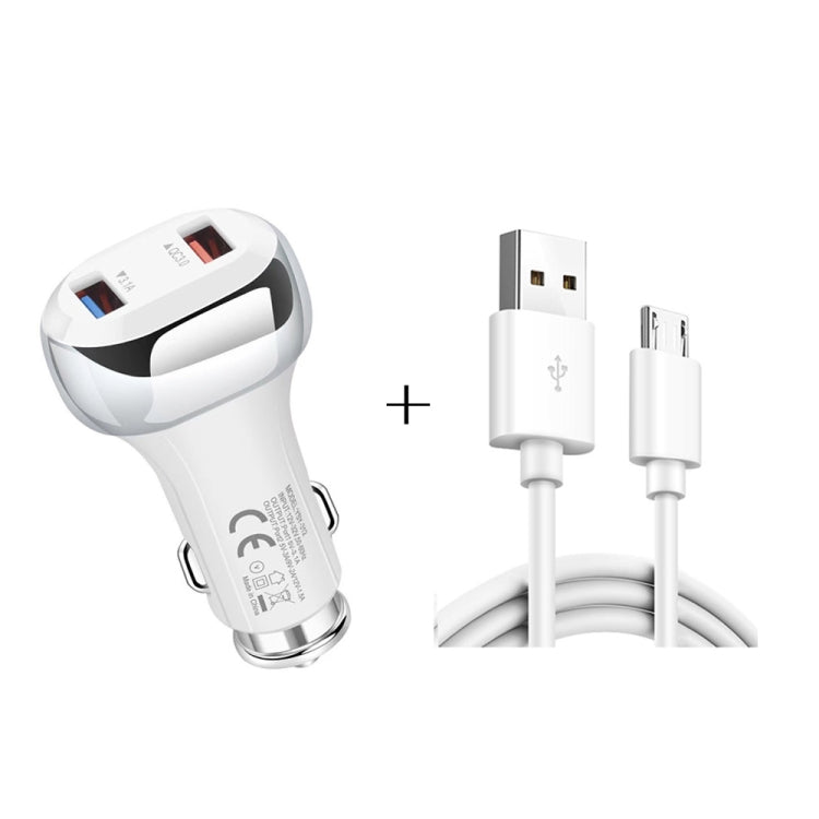 YSY-312 2 in 1 18W Portable QC3.0 Dual USB Car Charger + 1m 3A USB to Micro USB Data Cable Set(White) - Car Charger by buy2fix | Online Shopping UK | buy2fix