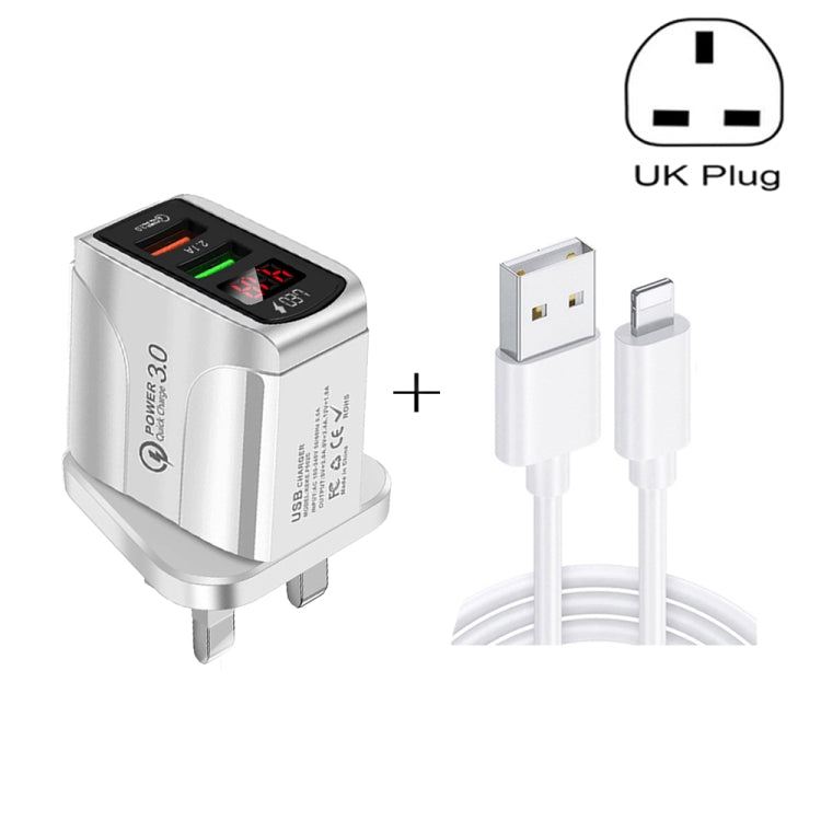 F002C QC3.0 USB + USB 2.0 LED Digital Display Fast Charger with USB to 8 Pin Data Cable, UK Plug(Black) - Apple Accessories by buy2fix | Online Shopping UK | buy2fix