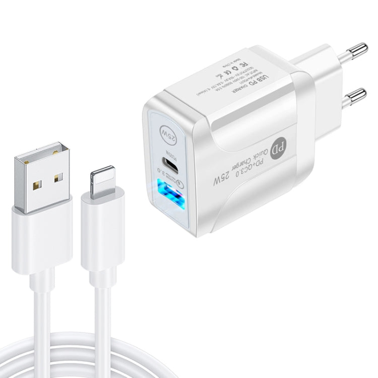 PD25W USB-C / Type-C + QC3.0 USB Dual Ports Fast Charger with USB to 8 Pin Data Cable, EU Plug(White) - Apple Accessories by buy2fix | Online Shopping UK | buy2fix