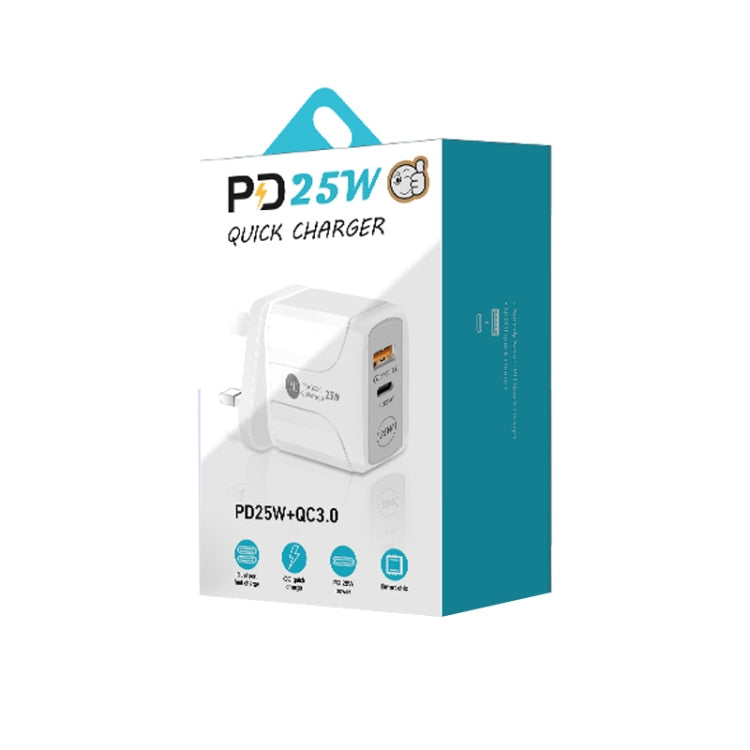 PD25W USB-C / Type-C + QC3.0 USB Dual Ports Fast Charger with USB-C to 8 Pin Data Cable, UK Plug(White) - USB Charger by buy2fix | Online Shopping UK | buy2fix