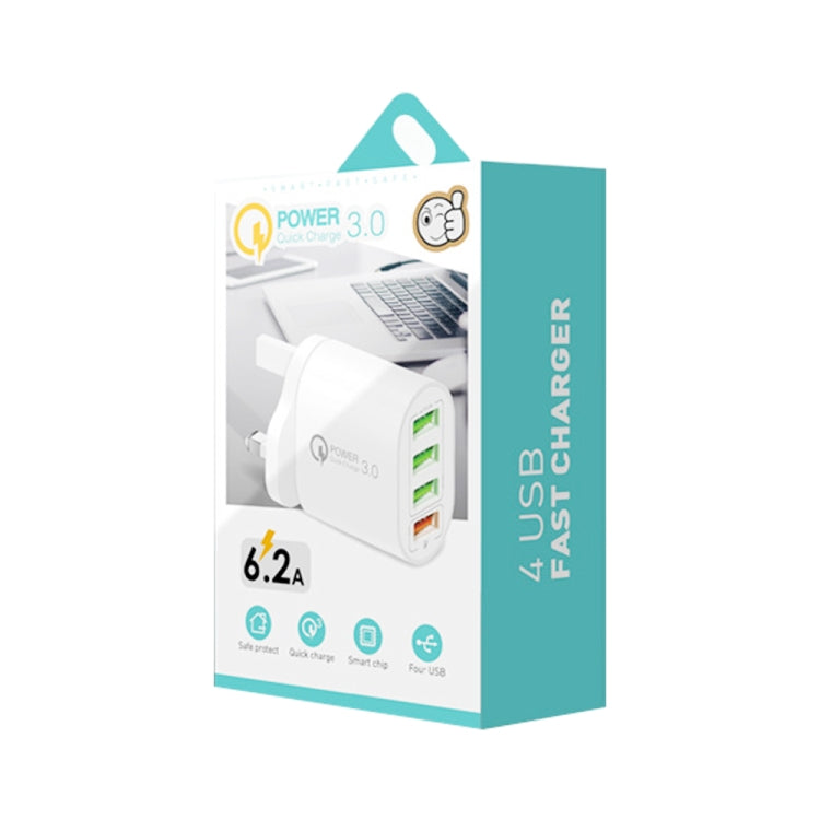 QC-04 QC3.0 + 3 x USB2.0 Multi-ports Charger with 3A USB to 8 Pin Data Cable, UK Plug(White) - Apple Accessories by buy2fix | Online Shopping UK | buy2fix