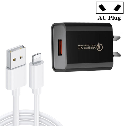 CA-25 QC3.0 USB 3A Fast Charger with USB to 8 Pin Data Cable, AU Plug(Black) - USB Charger by buy2fix | Online Shopping UK | buy2fix