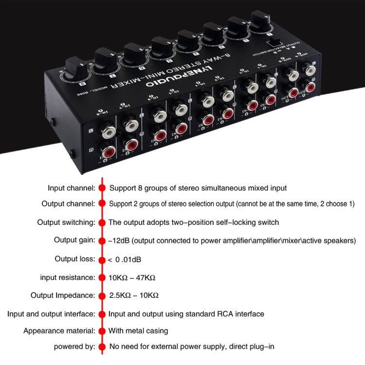 B066 Mini Stereo 8 Channel RCA Non Source Sound Passive Mixer, No Power Supply - Consumer Electronics by buy2fix | Online Shopping UK | buy2fix
