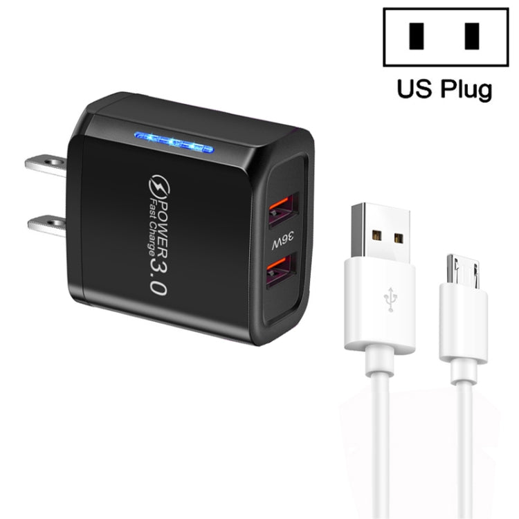 36W Dual Port QC3.0 USB Charger with 3A USB to Micro USB Data Cable, US Plug(Black) - Mobile Accessories by buy2fix | Online Shopping UK | buy2fix