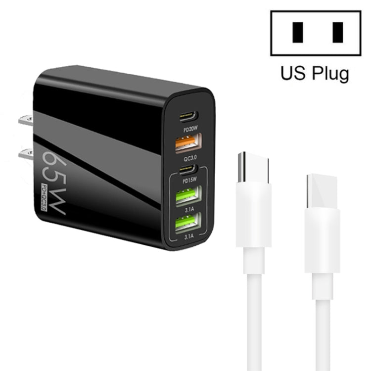 65W Dual PD Type-C + 3 x USB Multi Port Charger with 3A Type-C to Type-C Data Cable, US Plug(Black) - Mobile Accessories by buy2fix | Online Shopping UK | buy2fix