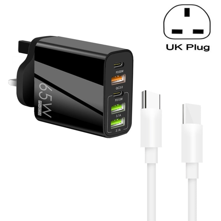 65W Dual PD Type-C + 3 x USB Multi Port Charger with 3A Type-C to Type-C Data Cable, UK Plug(Black) - Mobile Accessories by buy2fix | Online Shopping UK | buy2fix